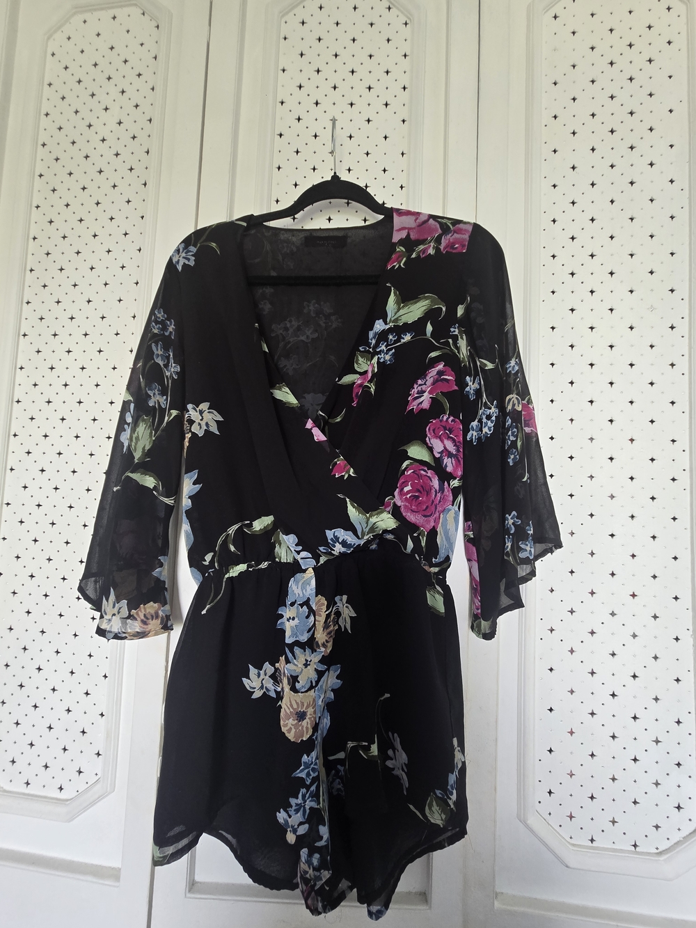Olivaceous Black Floral Wrap Romper with Pink & Blue Blooms